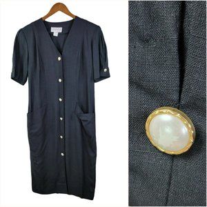 Vintage Linen Suit Dress size 10 Evening career LBD Pearl Button Dark Academia